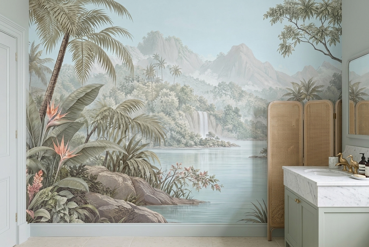 Tropical Lagoon Waterfall Wallpaper Panoramic Landscape Wall Mural