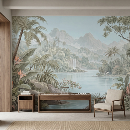 Tropical Lagoon Waterfall Wallpaper Panoramic Landscape Wall Mural