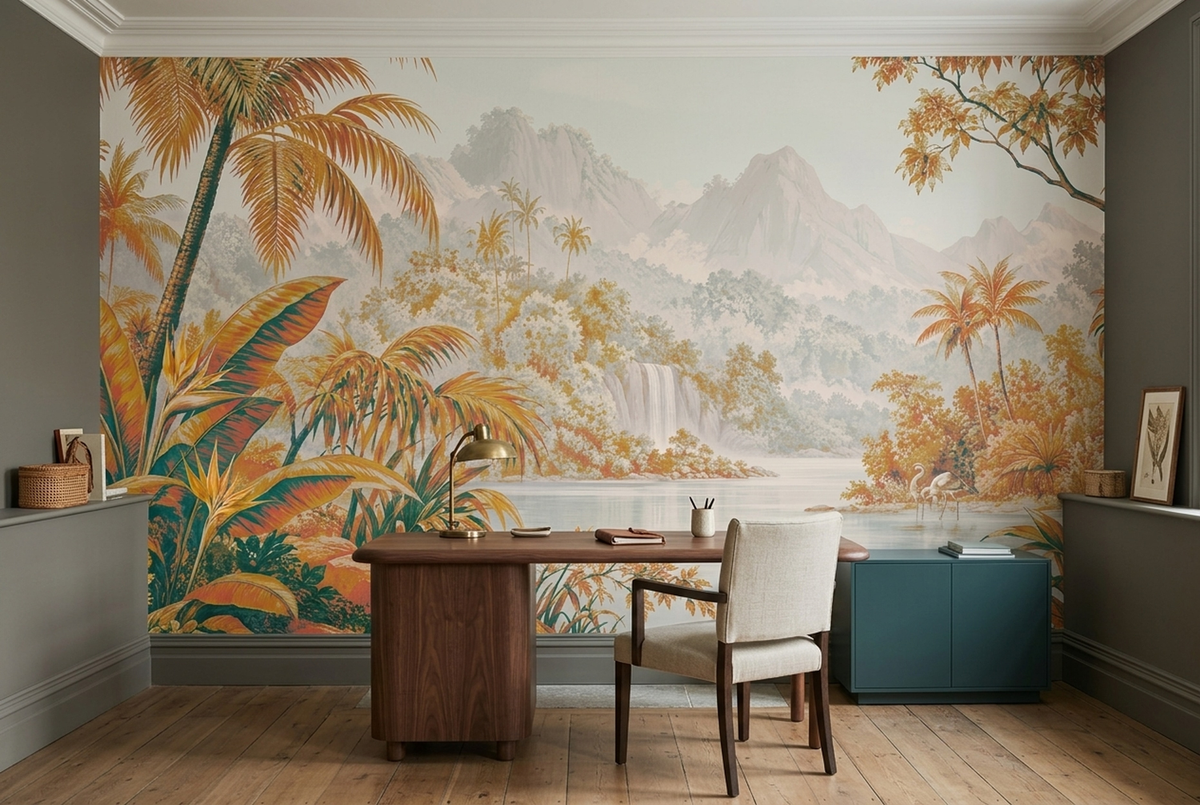 Golden Tropical Landscape Wall Mural with Teal Palms and Waterfall