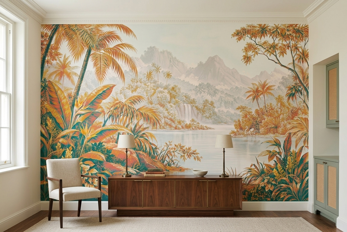 Golden Tropical Landscape Wall Mural with Teal Palms and Waterfall