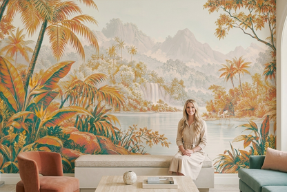 Golden Tropical Landscape Wall Mural with Teal Palms and Waterfall