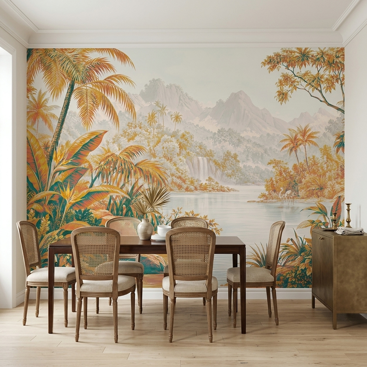Golden Tropical Landscape Wall Mural with Teal Palms and Waterfall