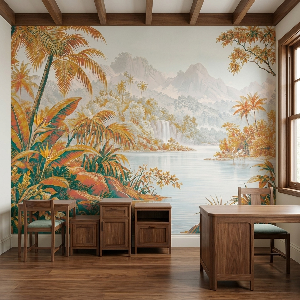Golden Tropical Landscape Wall Mural with Teal Palms and Waterfall