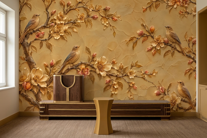 Blossoming Bird Branches Wallpaper Textured Plaster Wall Mural