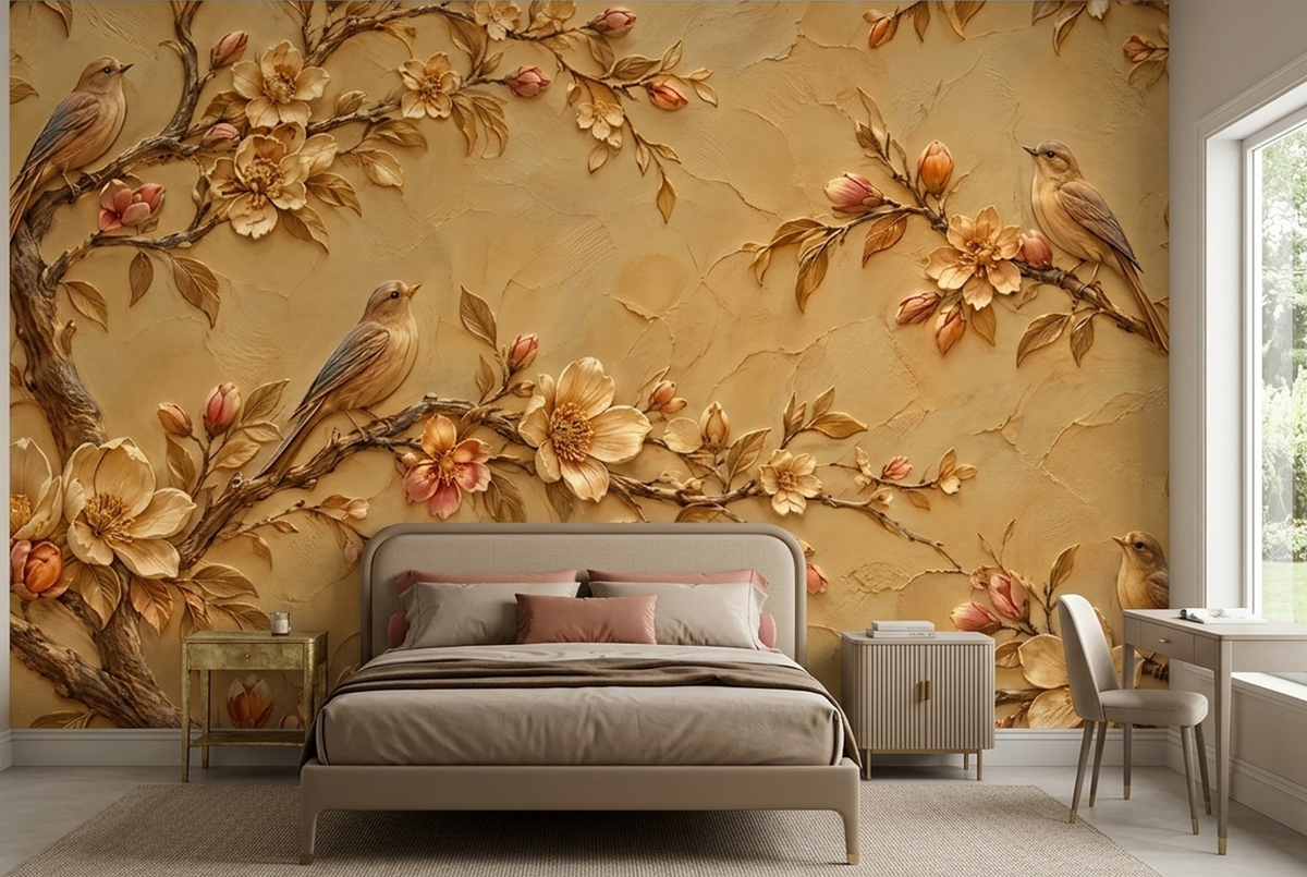 Blossoming Bird Branches Wallpaper Textured Plaster Wall Mural