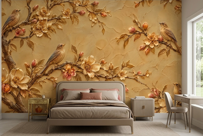 Blossoming Bird Branches Wallpaper Textured Plaster Wall Mural