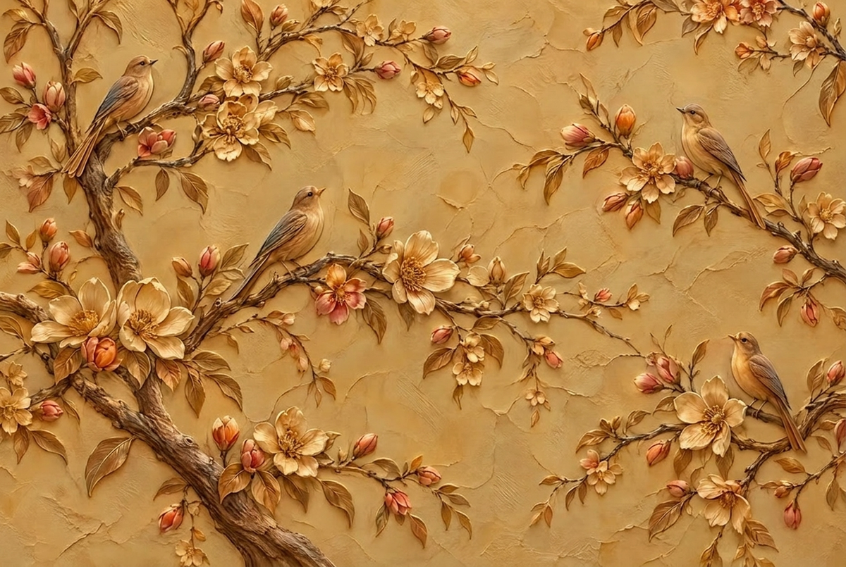 Blossoming Bird Branches Wallpaper Textured Plaster Wall Mural