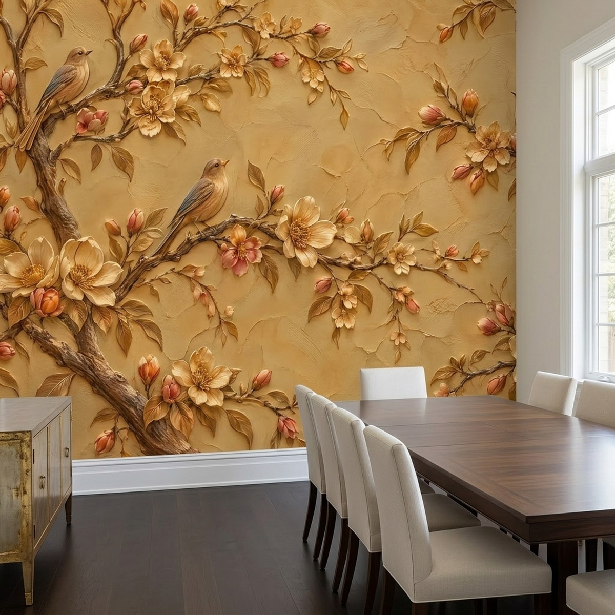 Blossoming Bird Branches Wallpaper Textured Plaster Wall Mural