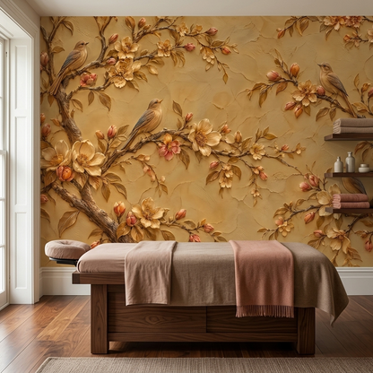 Blossoming Bird Branches Wallpaper Textured Plaster Wall Mural