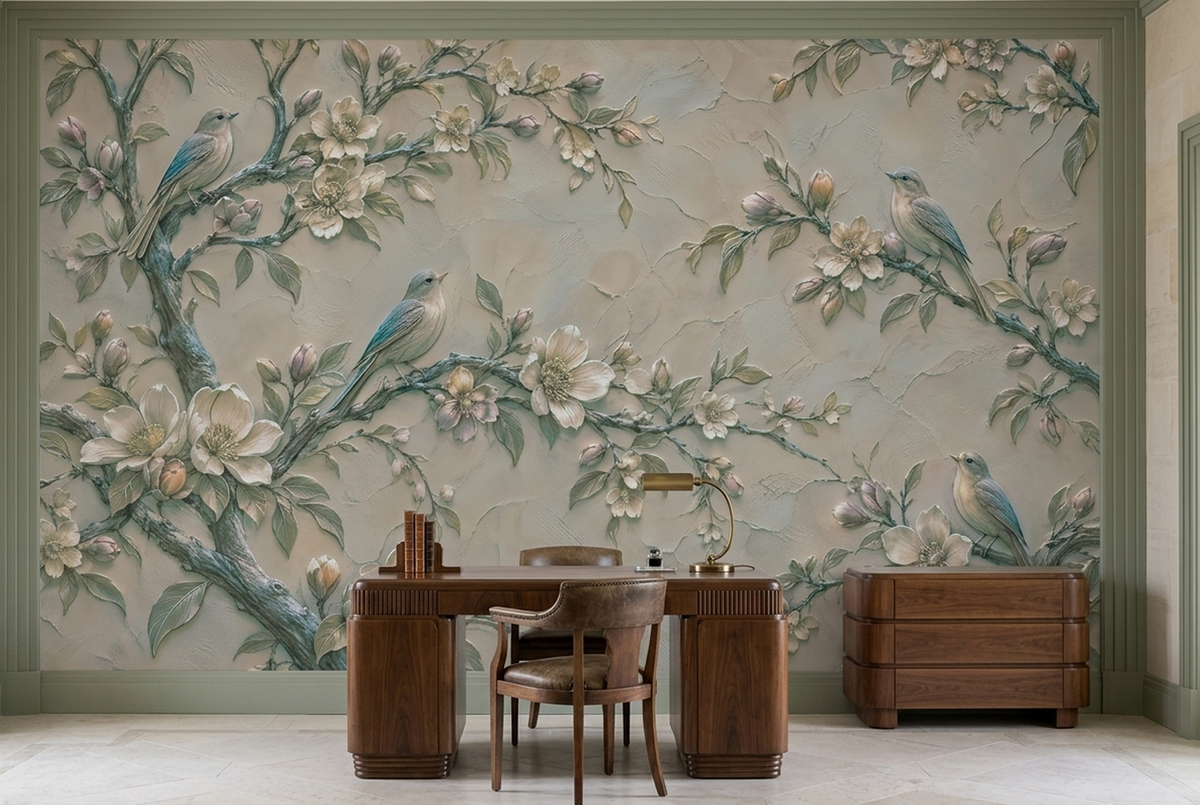 Vintage Songbird Floral Wall Mural with Ivory Blossoms and Plaster Effect