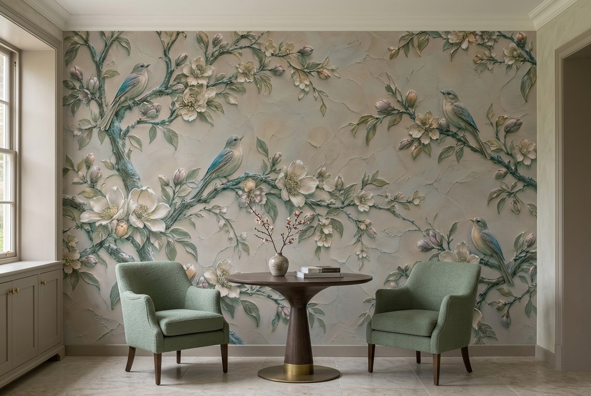 Vintage Songbird Floral Wall Mural with Ivory Blossoms and Plaster Effect