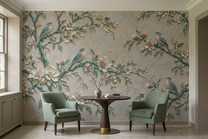 Vintage Songbird Floral Wall Mural with Ivory Blossoms and Plaster Effect