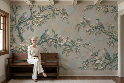 Vintage Songbird Floral Wall Mural with Ivory Blossoms and Plaster Effect