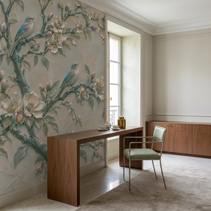 Vintage Songbird Floral Wall Mural with Ivory Blossoms and Plaster Effect