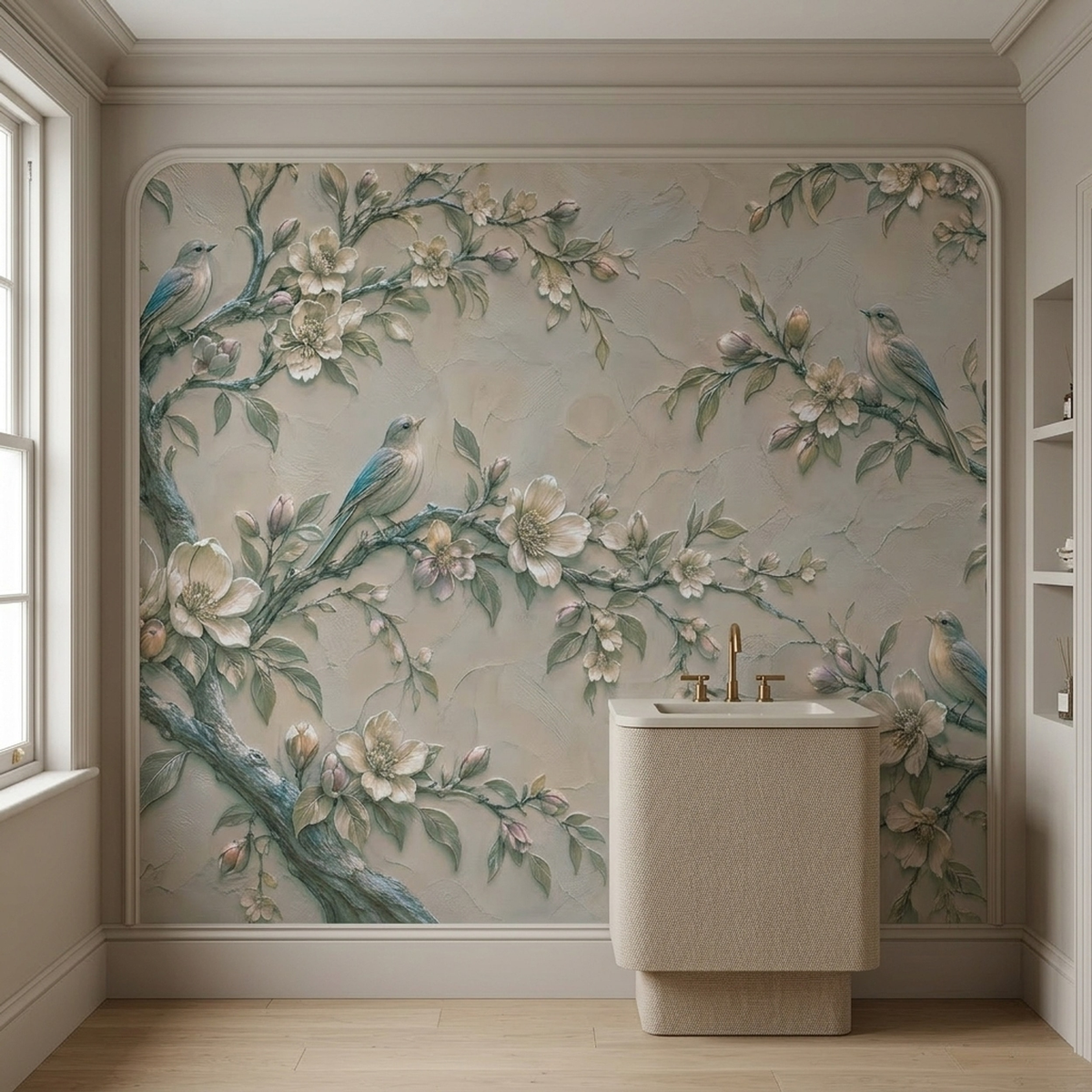 Vintage Songbird Floral Wall Mural with Ivory Blossoms and Plaster Effect