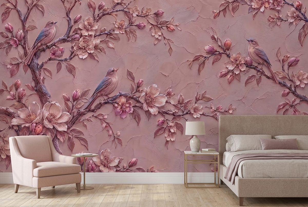 Dusty Rose Songbird Wall Mural with Sculpted Floral Plaster Effect