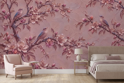 Dusty Rose Songbird Wall Mural with Sculpted Floral Plaster Effect