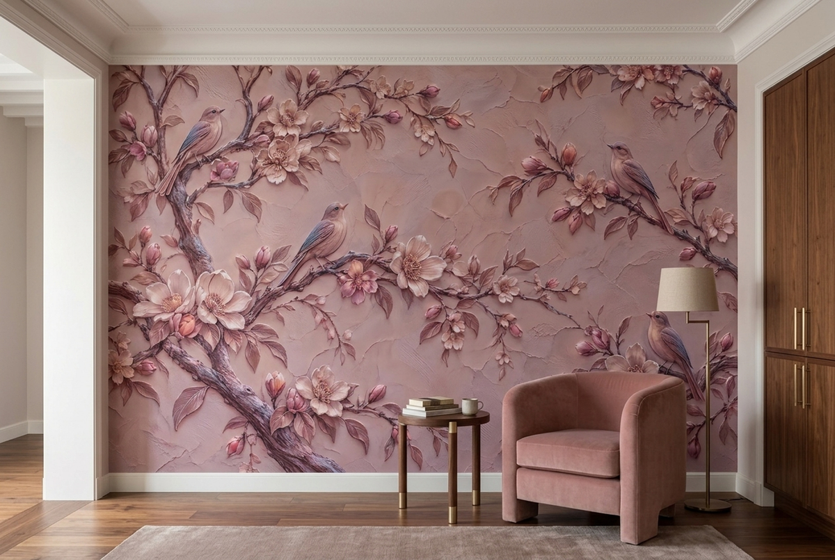 Dusty Rose Songbird Wall Mural with Sculpted Floral Plaster Effect
