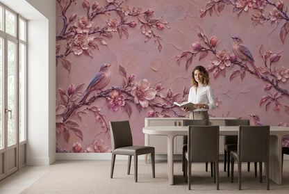 Dusty Rose Songbird Wall Mural with Sculpted Floral Plaster Effect