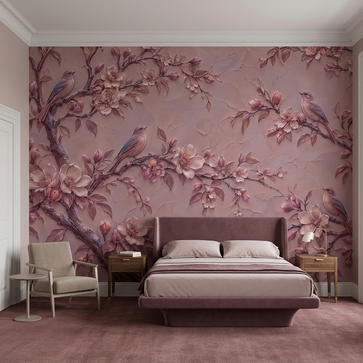 Dusty Rose Songbird Wall Mural with Sculpted Floral Plaster Effect
