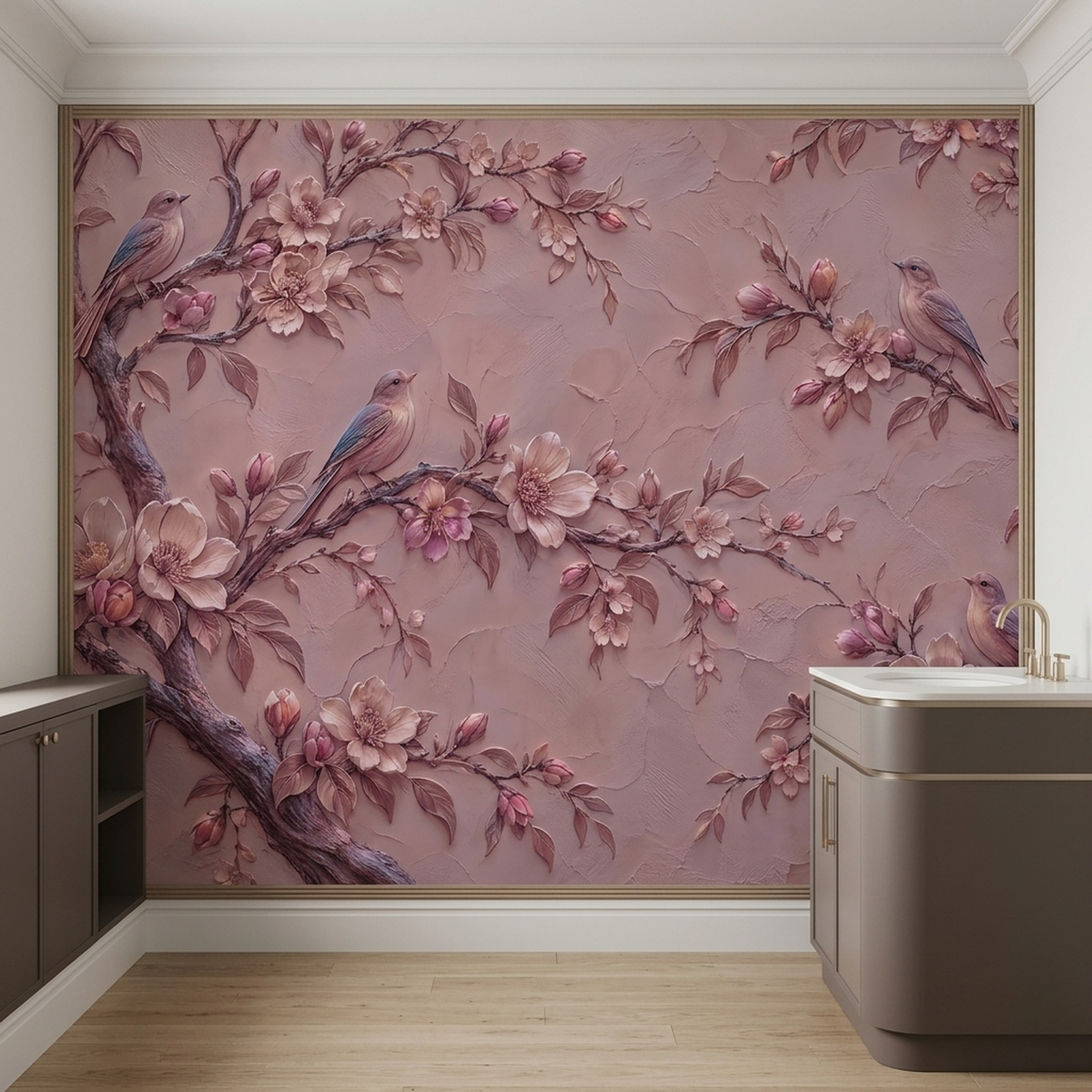 Dusty Rose Songbird Wall Mural with Sculpted Floral Plaster Effect