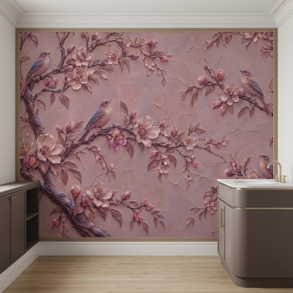 Dusty Rose Songbird Wall Mural with Sculpted Floral Plaster Effect