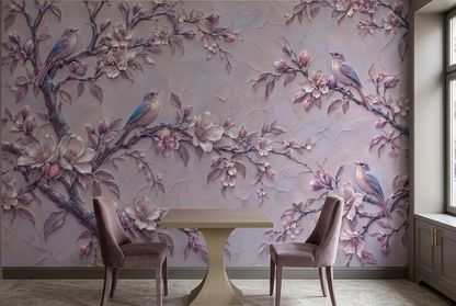 Lilac Songbird Wall Mural with Mauve Blossoms and Plaster Relief Effect