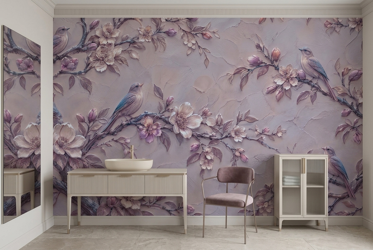 Lilac Songbird Wall Mural with Mauve Blossoms and Plaster Relief Effect