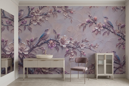 Lilac Songbird Wall Mural with Mauve Blossoms and Plaster Relief Effect