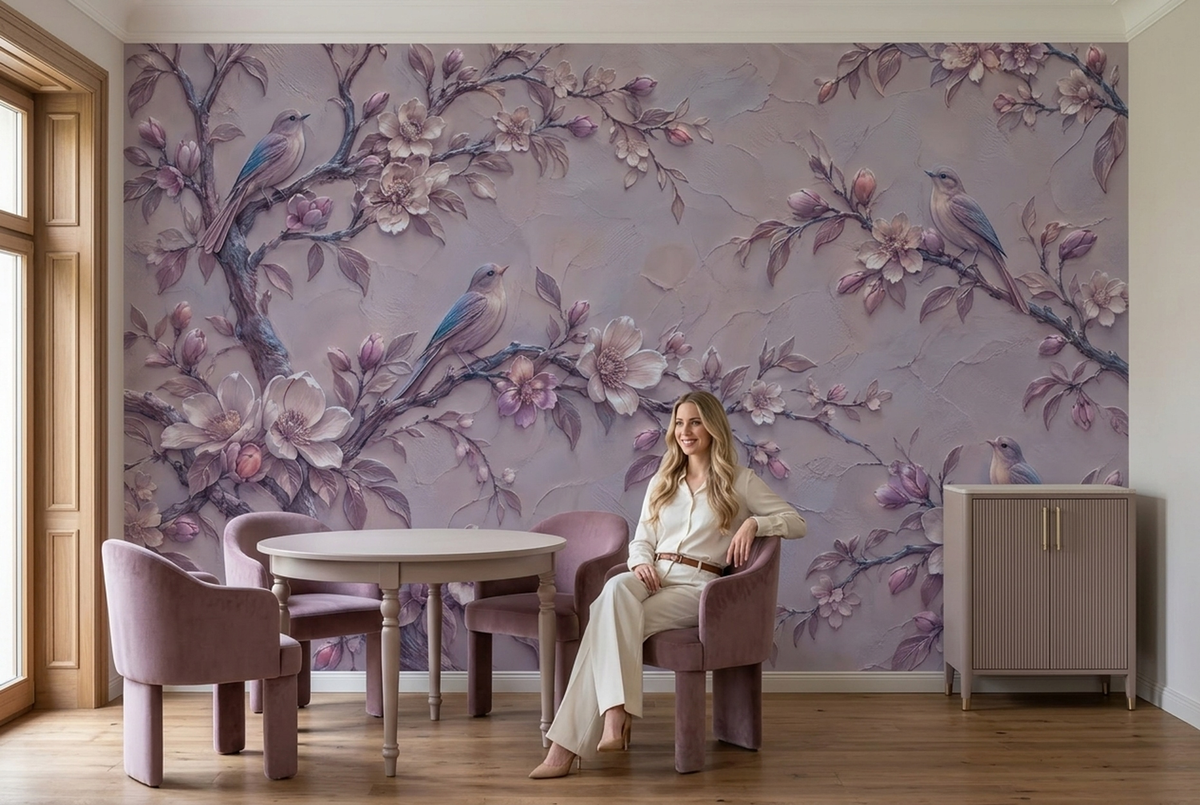 Lilac Songbird Wall Mural with Mauve Blossoms and Plaster Relief Effect