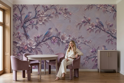 Lilac Songbird Wall Mural with Mauve Blossoms and Plaster Relief Effect