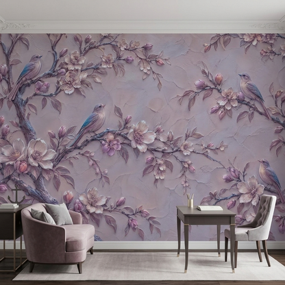 Lilac Songbird Wall Mural with Mauve Blossoms and Plaster Relief Effect