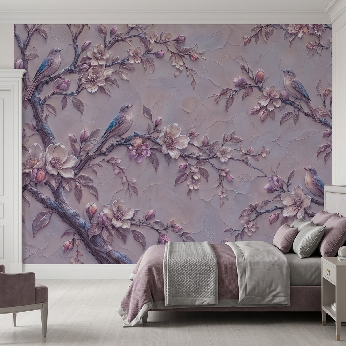 Lilac Songbird Wall Mural with Mauve Blossoms and Plaster Relief Effect