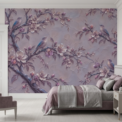 Lilac Songbird Wall Mural with Mauve Blossoms and Plaster Relief Effect