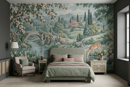 Pastoral River Bridge Wallpaper Chinoiserie Style Wall Mural