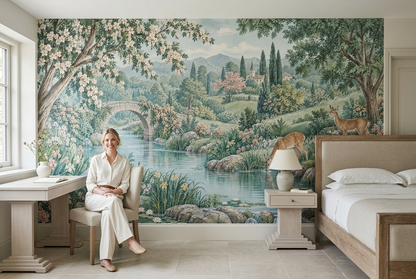Pastoral River Bridge Wallpaper Chinoiserie Style Wall Mural