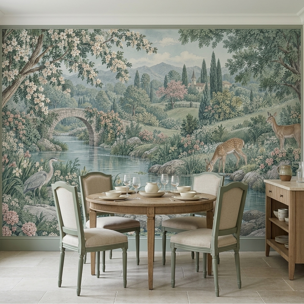 Pastoral River Bridge Wallpaper Chinoiserie Style Wall Mural