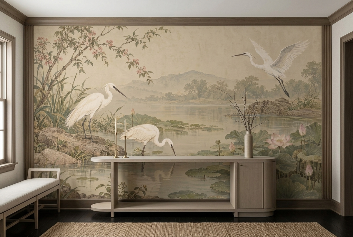 Egrets And Lotus Pond Wallpaper Vintage Chinoiserie Wall Mural