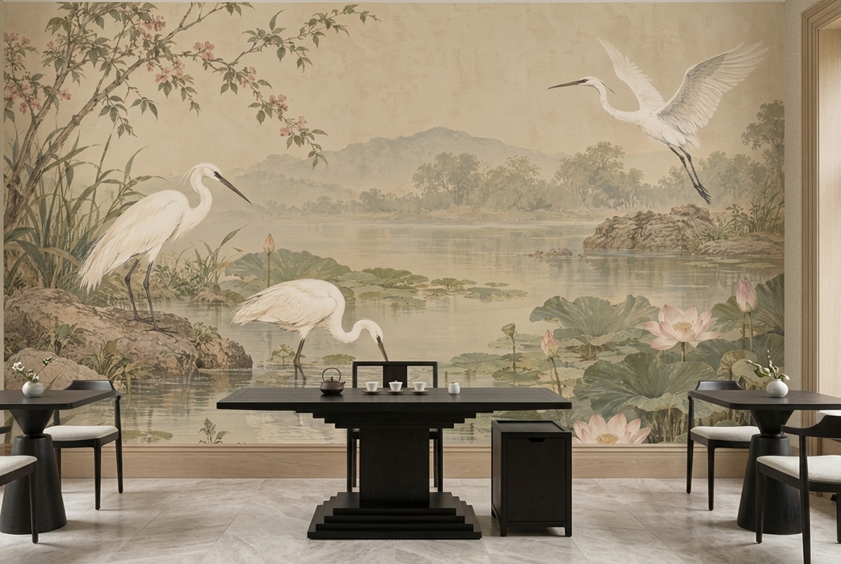 Egrets And Lotus Pond Wallpaper Vintage Chinoiserie Wall Mural