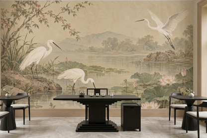 Egrets And Lotus Pond Wallpaper Vintage Chinoiserie Wall Mural