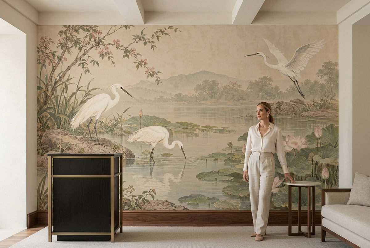 Egrets And Lotus Pond Wallpaper Vintage Chinoiserie Wall Mural