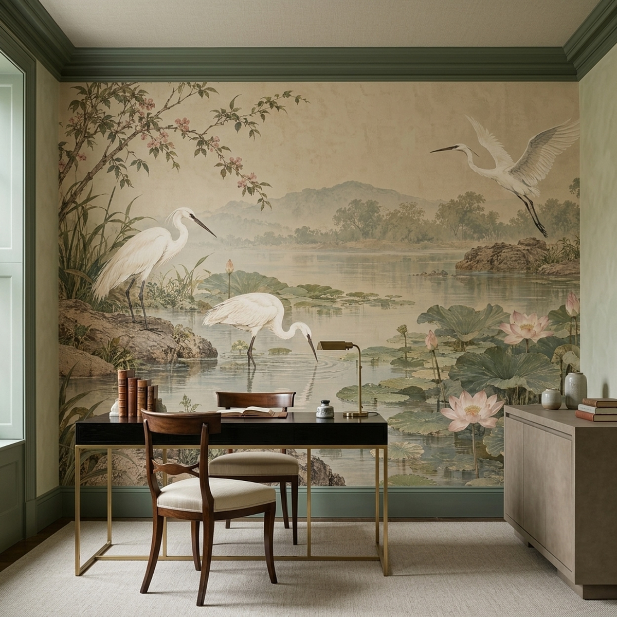 Egrets And Lotus Pond Wallpaper Vintage Chinoiserie Wall Mural