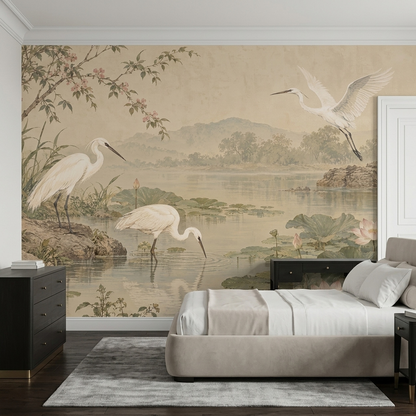 Egrets And Lotus Pond Wallpaper Vintage Chinoiserie Wall Mural