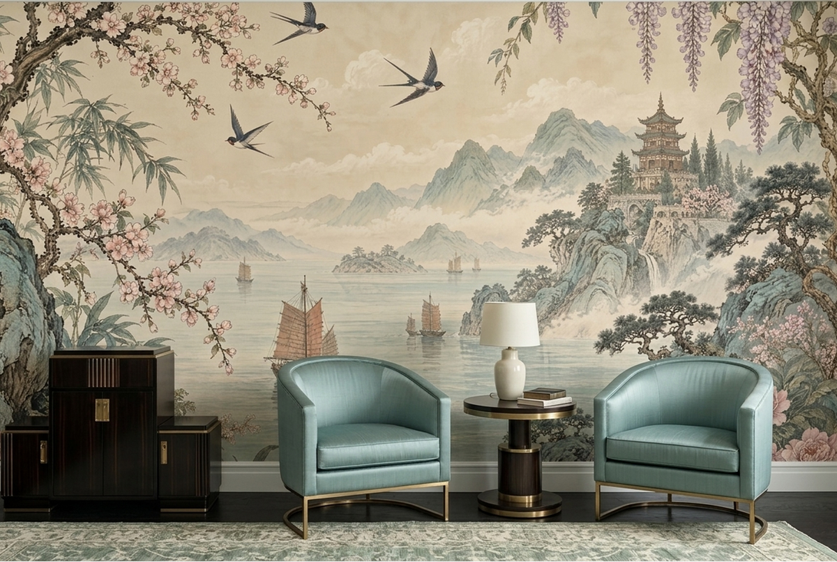 Peony And Cherry Blossom Wallpaper Oriental Landscape Wall Mural