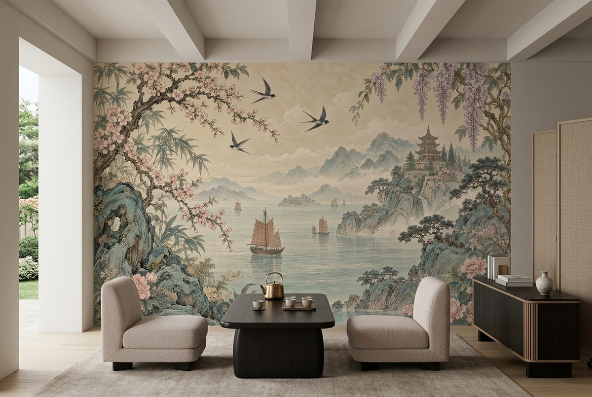Peony And Cherry Blossom Wallpaper Oriental Landscape Wall Mural