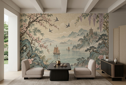 Peony And Cherry Blossom Wallpaper Oriental Landscape Wall Mural