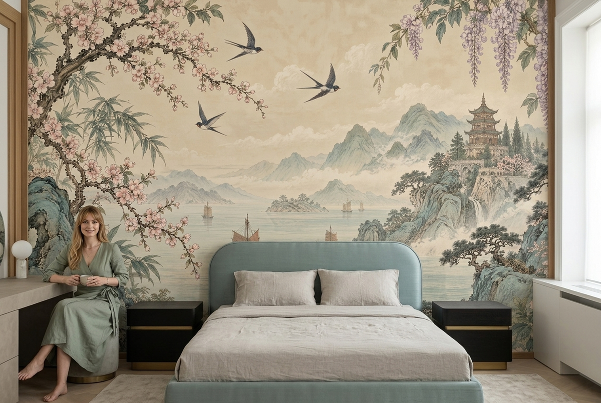 Peony And Cherry Blossom Wallpaper Oriental Landscape Wall Mural
