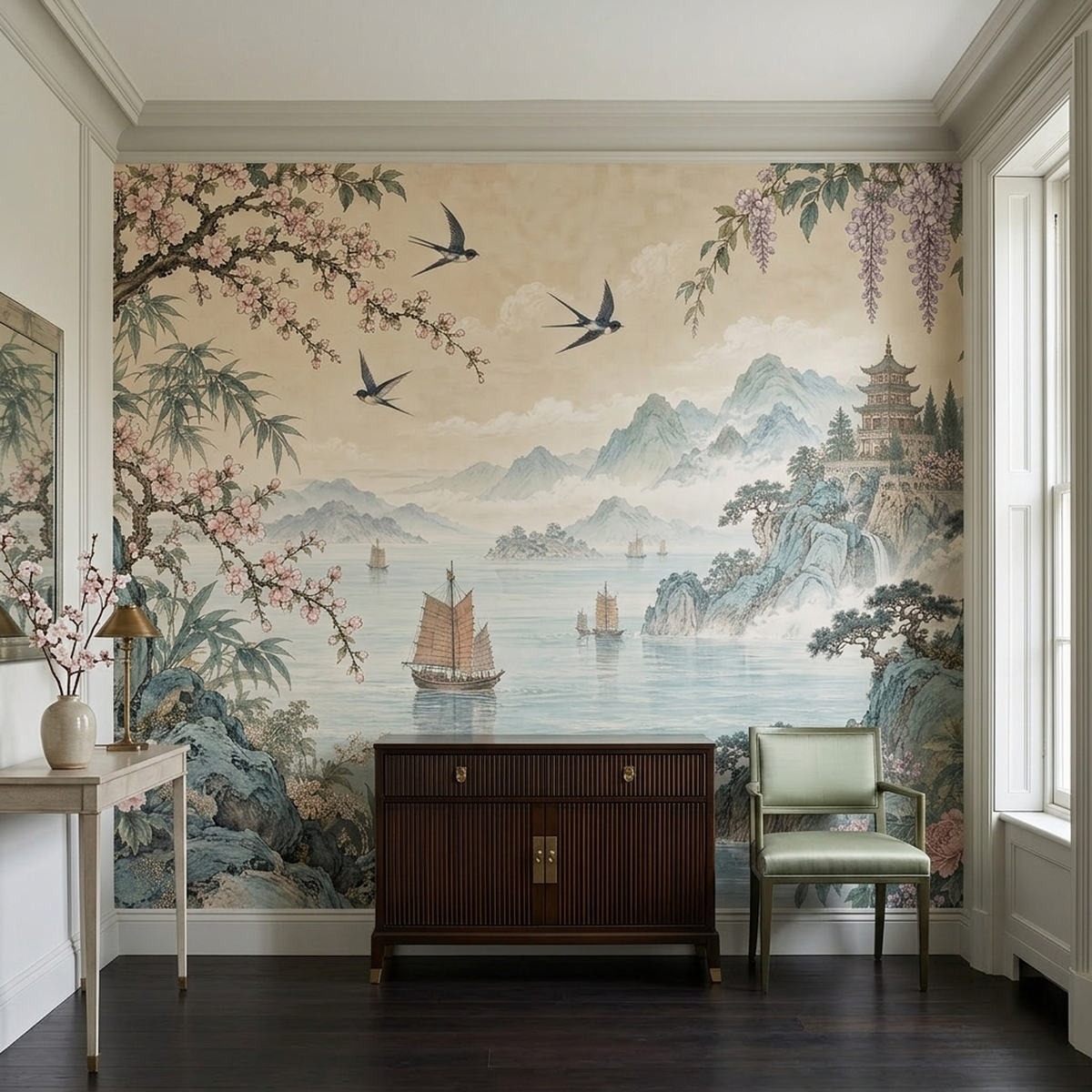 Peony And Cherry Blossom Wallpaper Oriental Landscape Wall Mural