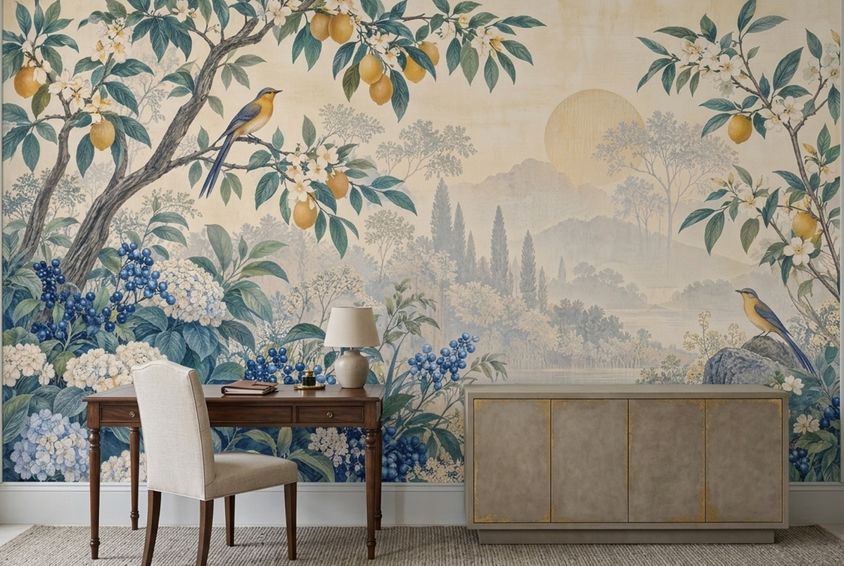 Lemon Tree And Songbirds Wallpaper Panoramic Lake Wall Mural