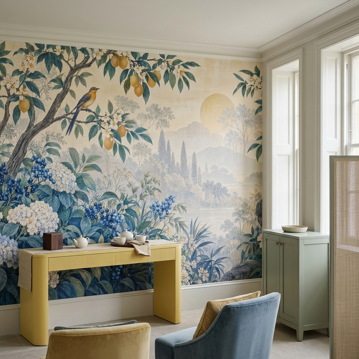 Lemon Tree And Songbirds Wallpaper Panoramic Lake Wall Mural